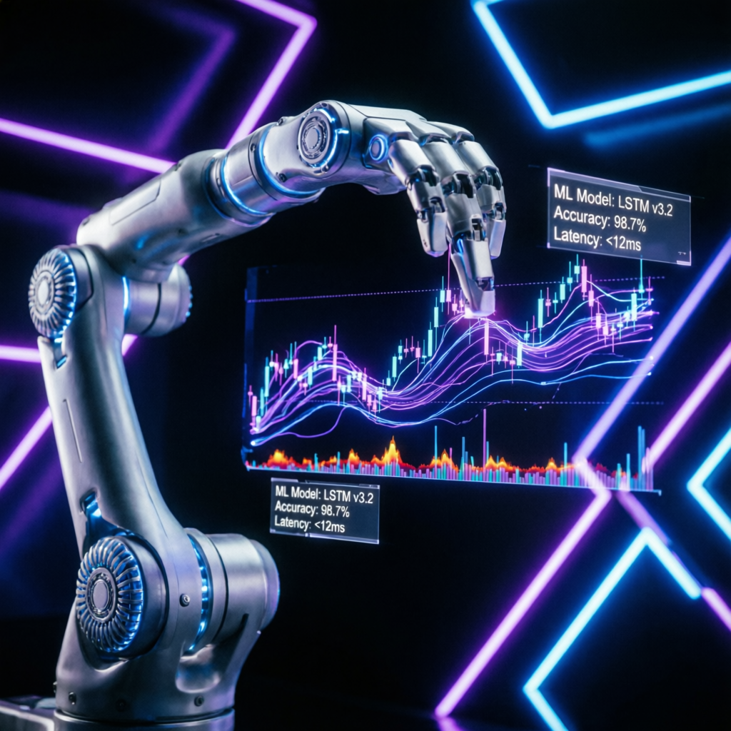 AI automated trading system with robotic arm and holographic charts