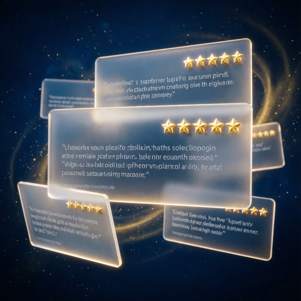 Customer review testimonials with 5-star ratings floating in space
