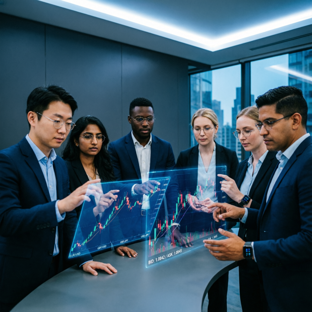 Team of professional traders analyzing charts and developing strategies