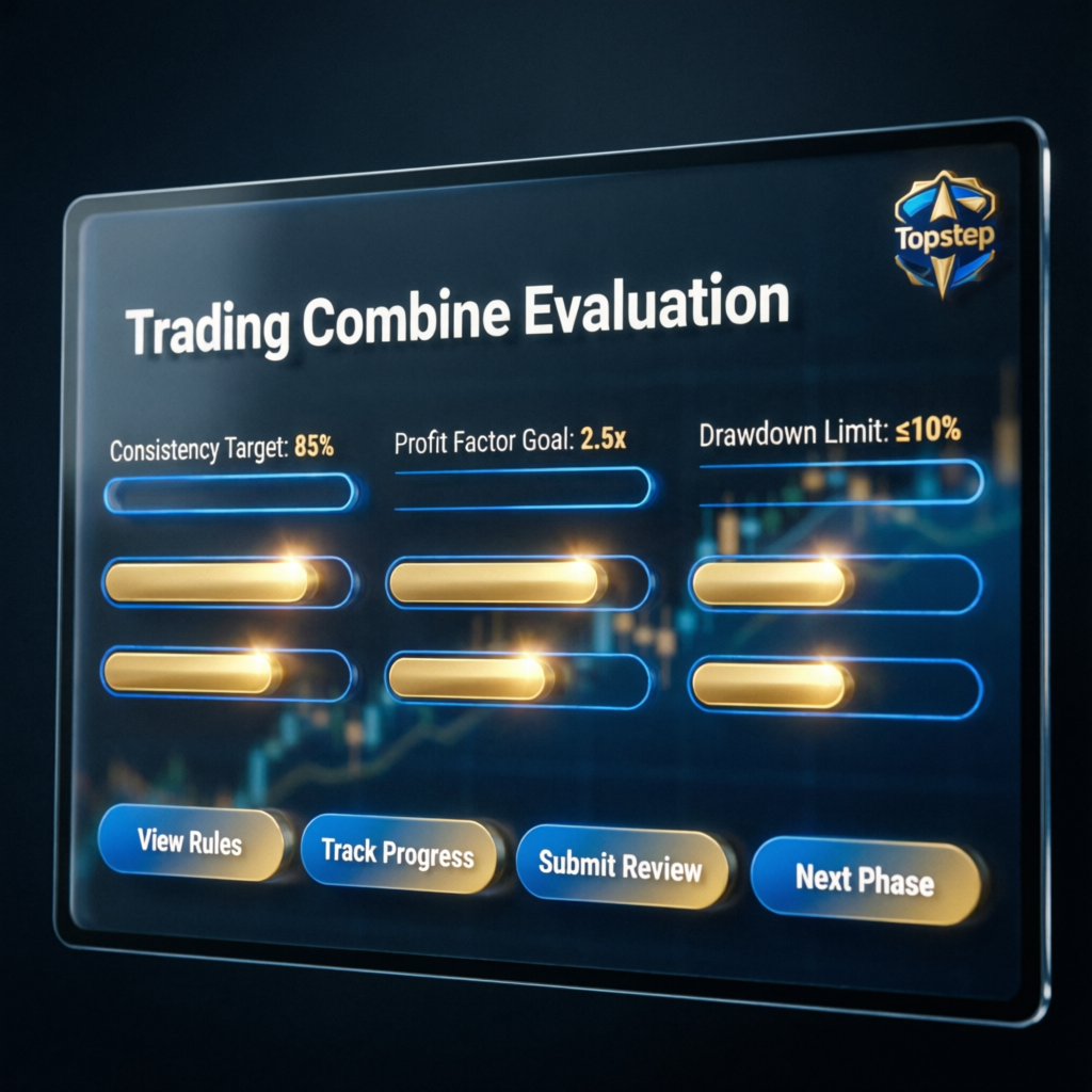 Topstep Trading Combine evaluation dashboard showing profit targets and consistency rules