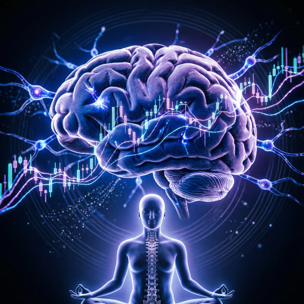 Trading psychology concept showing brain with financial charts and meditation