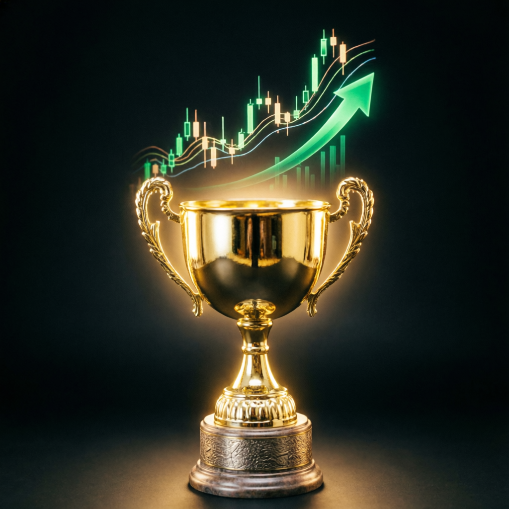 Funded trading account success with golden trophy and rising profit charts