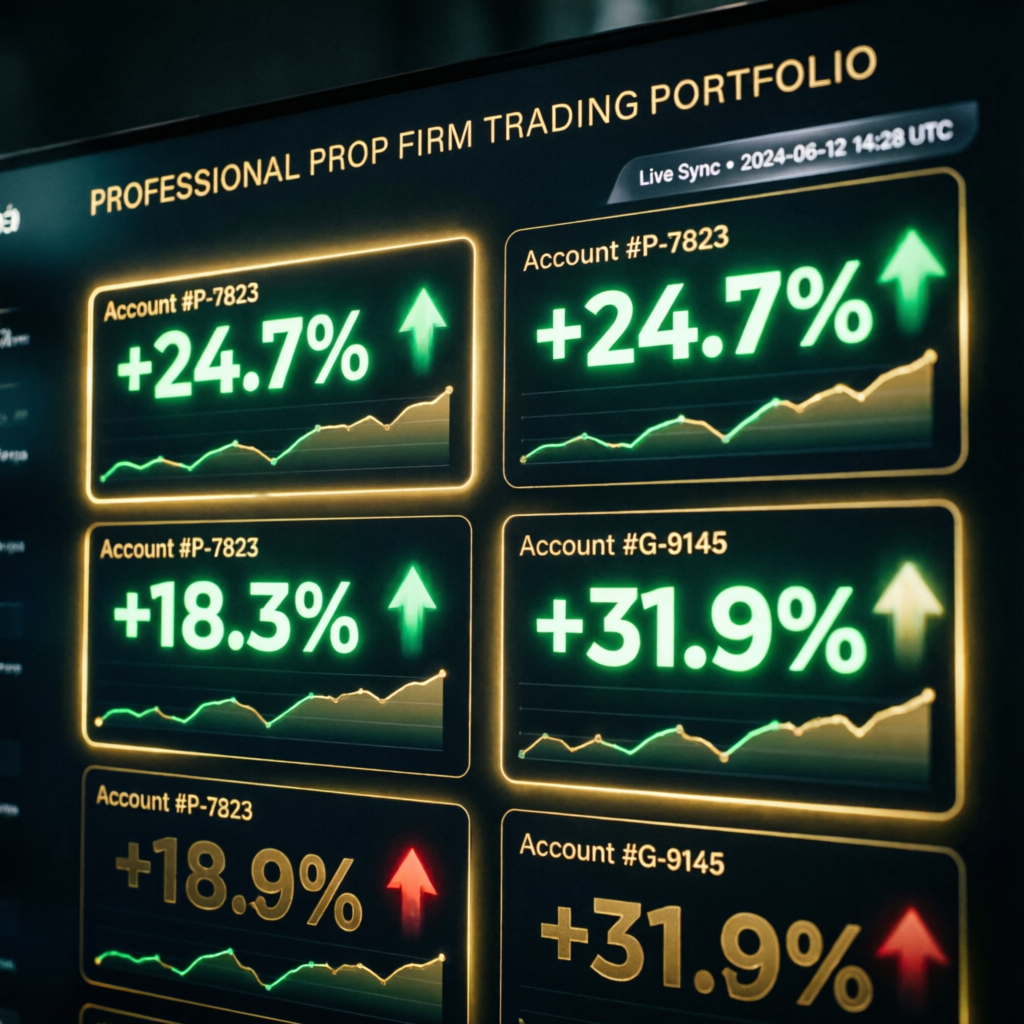 Professional prop firm trading portfolio showing multiple funded accounts with profits