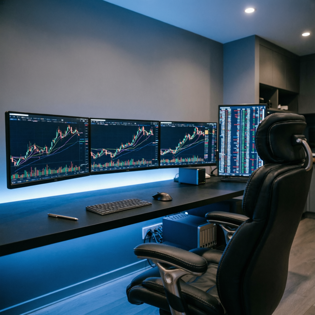 Professional trading desk setup with multiple monitors and ergonomic chair