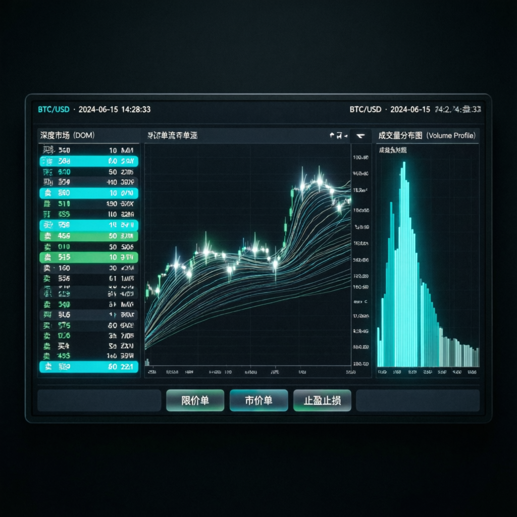 Futures trading terminal with order flow and volume profile analysis