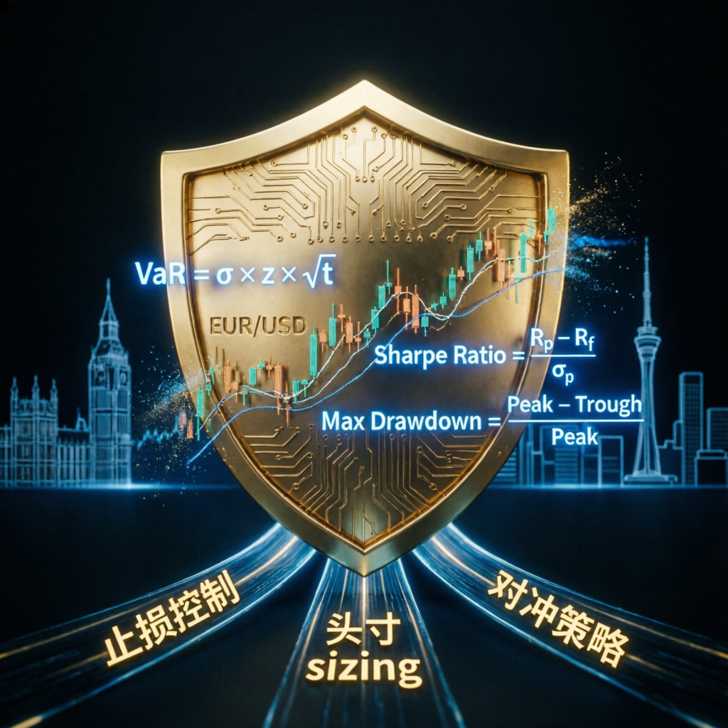 Risk management shield protecting trading capital with financial formulas