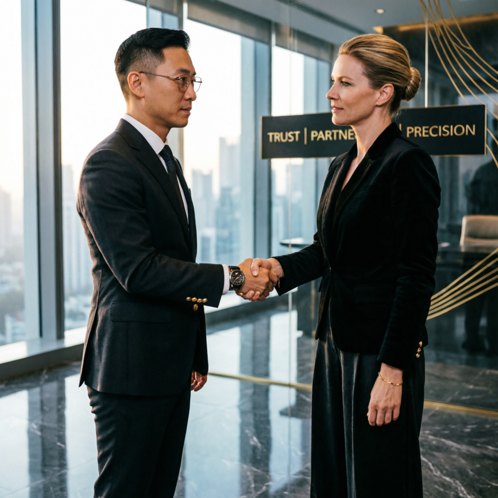 Professional trust and partnership handshake between trader and prop firm in luxury office