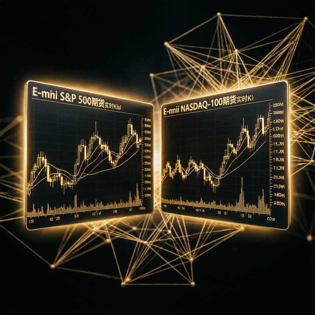 E-mini S&P 500 and NASDAQ futures charts with golden network connections