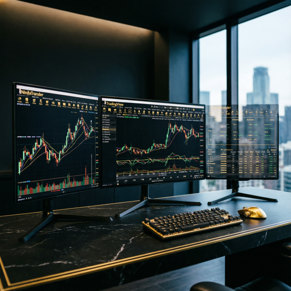 Professional trading setup with NinjaTrader and TradingView platforms on multiple monitors