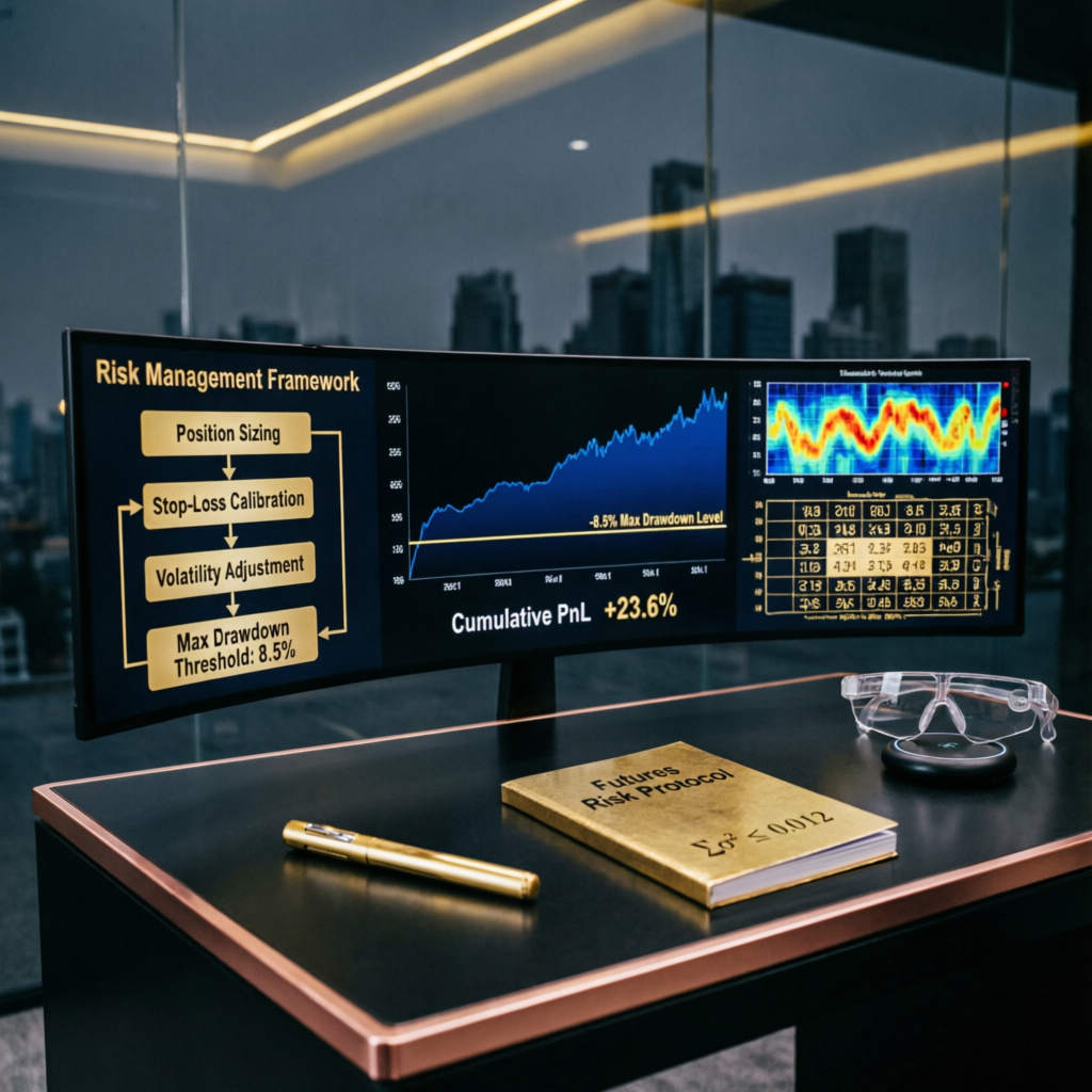 Risk management framework showing drawdown levels and position sizing for futures trading