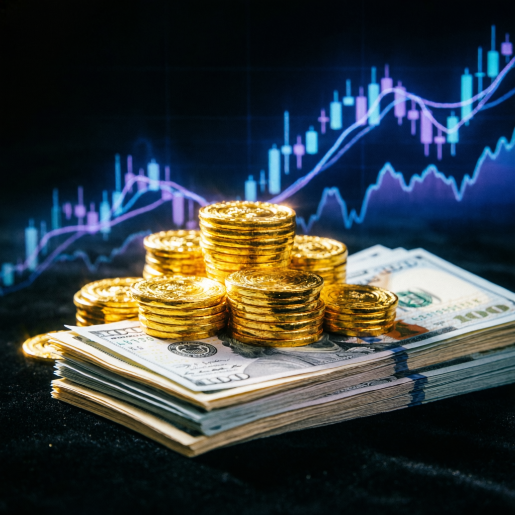 Gold coins and dollar bills with trading charts representing Apex Trader Funding payout success