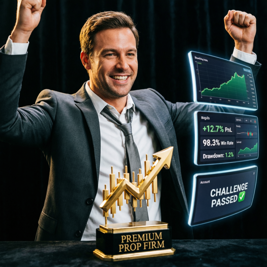 Trader celebrating successful Apex Trader Funding challenge completion with trophy