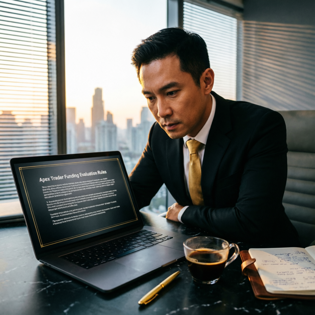 Professional trader reviewing Apex Trader Funding evaluation rules on laptop