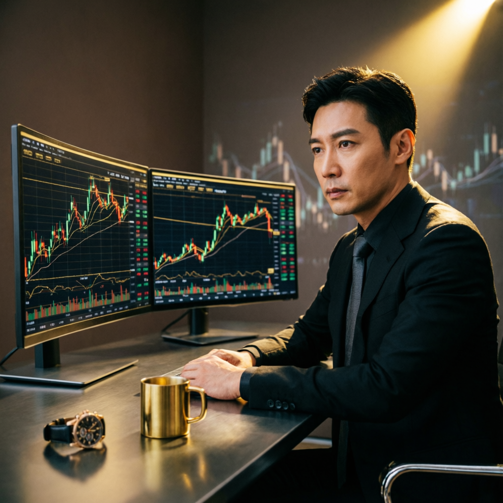 Professional forex trader analyzing Apex Trader Funding futures charts on multiple monitors