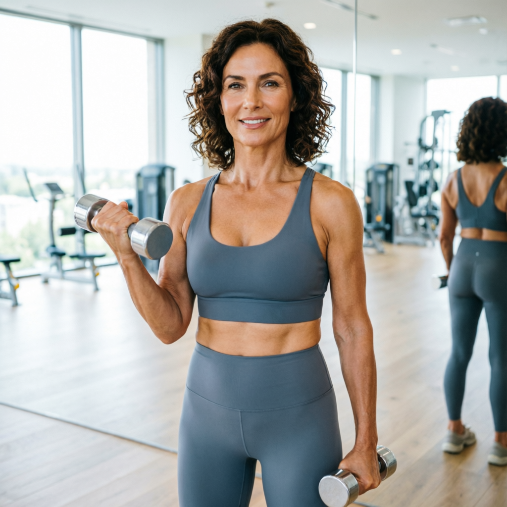 Donna europea 50 anni allenamento con manubri