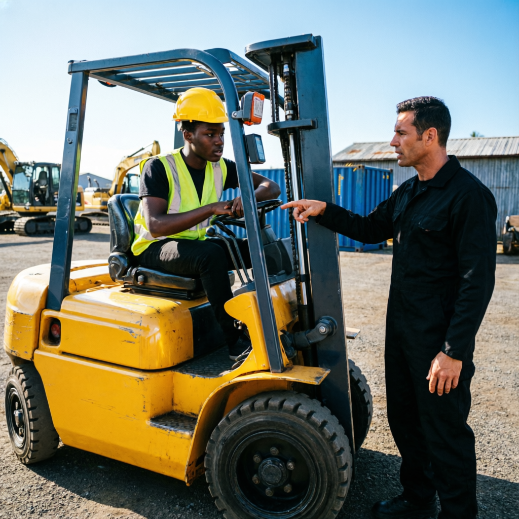 Student learning to operate a forklift with instructor