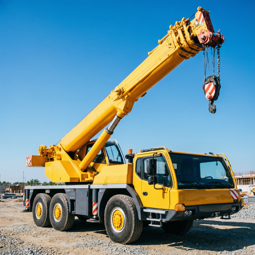 Yellow mobile crane with extended boom