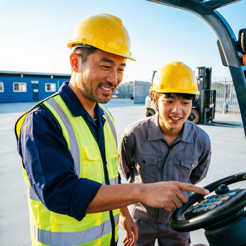 Instructor teaching a student to operate a forklift
