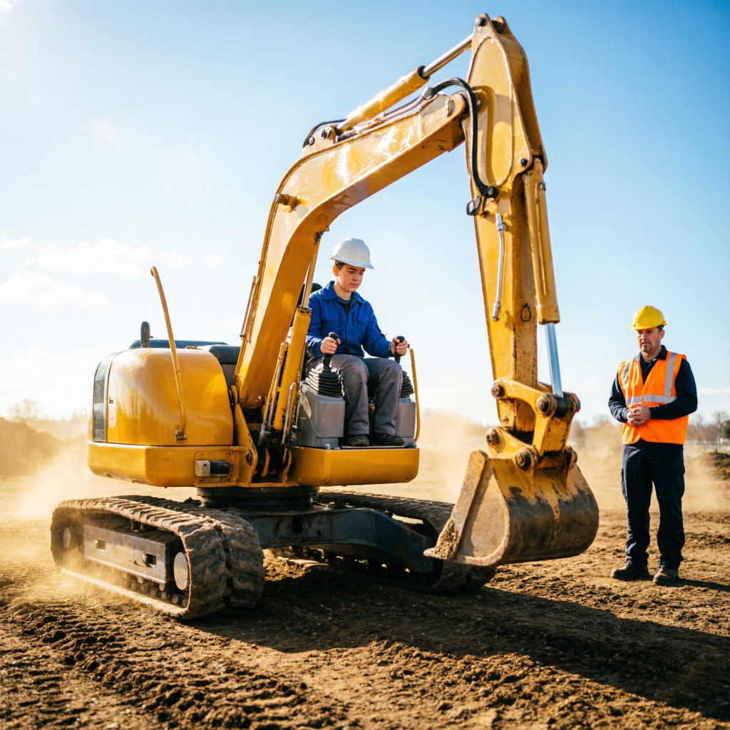 Student operating a yellow excavator