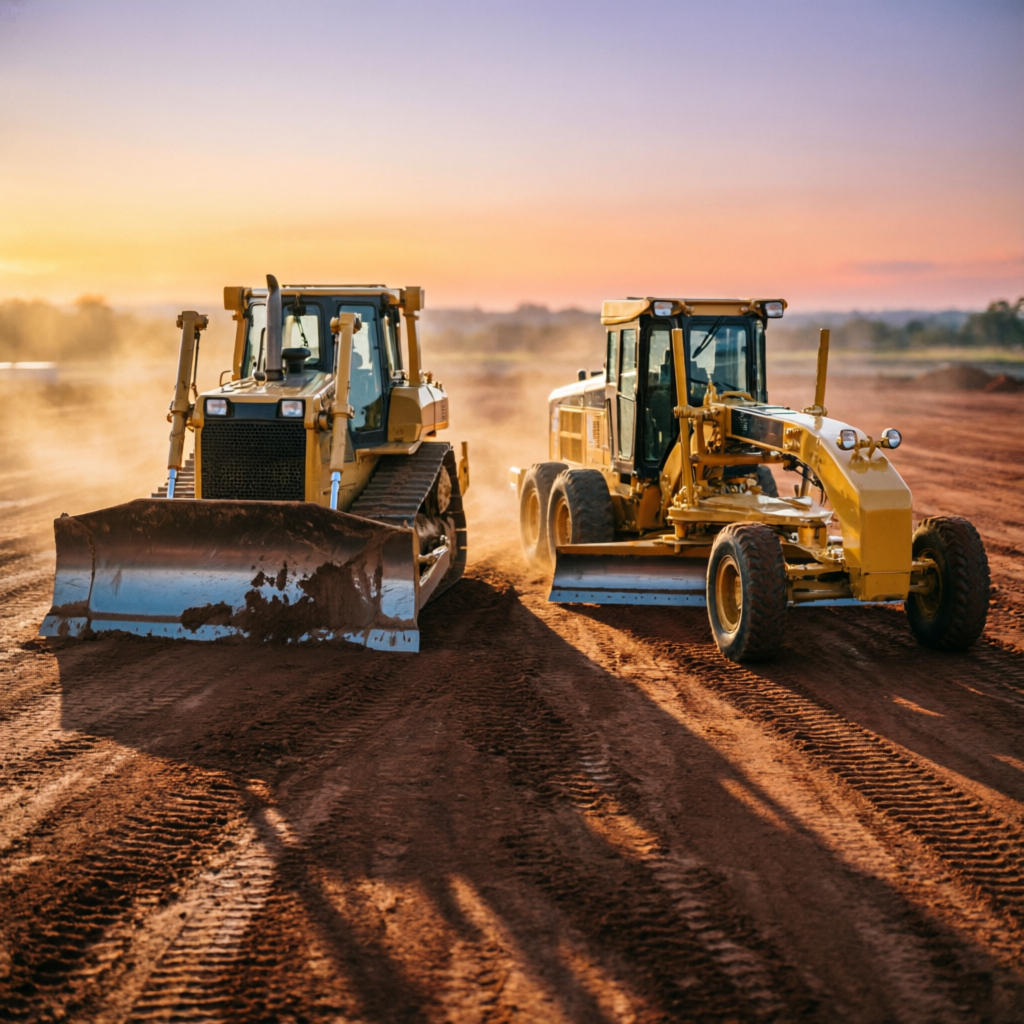 Bulldozer and grader working at sunset