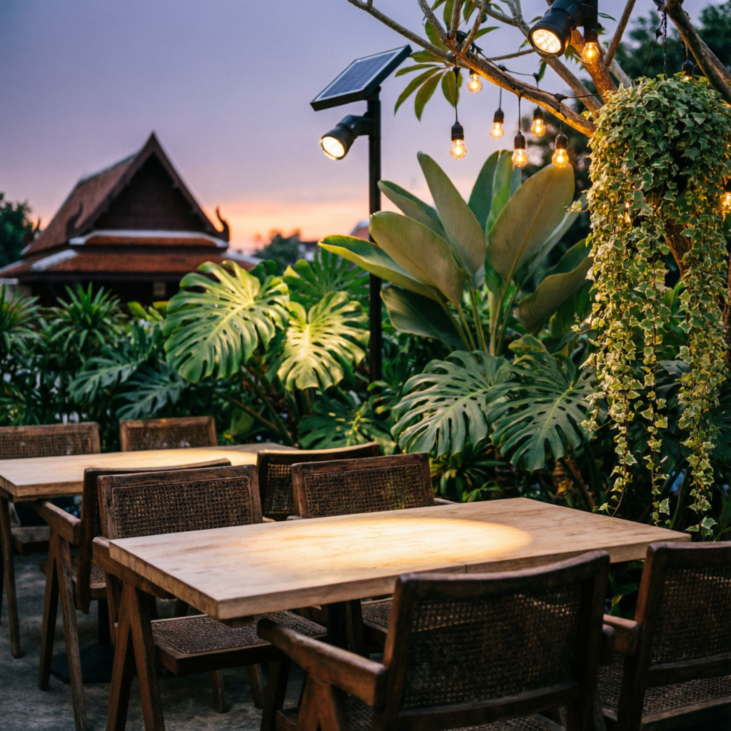 รีวิวร้านกาแฟ Cafe Amazon ตกแต่งไฟโซล่าเซลล์บรรยากาศอบอุ่นยามเย็น