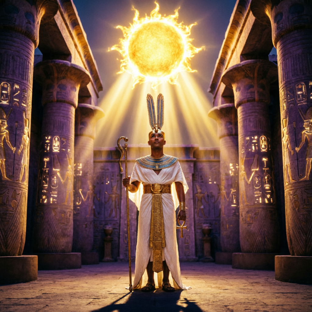 Aton ante el Sol Central en Egipto