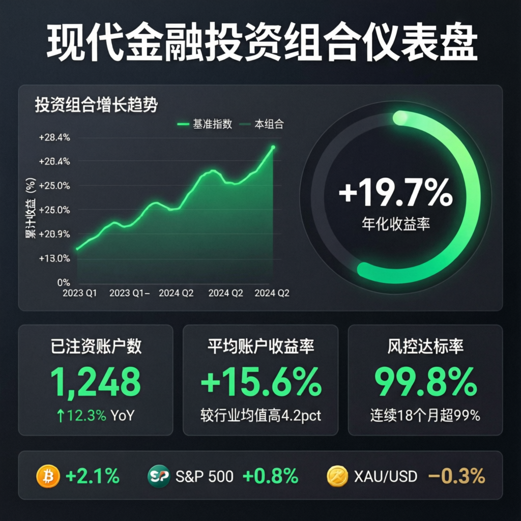 Modern financial portfolio dashboard showing funded account management performance metrics and growth trends