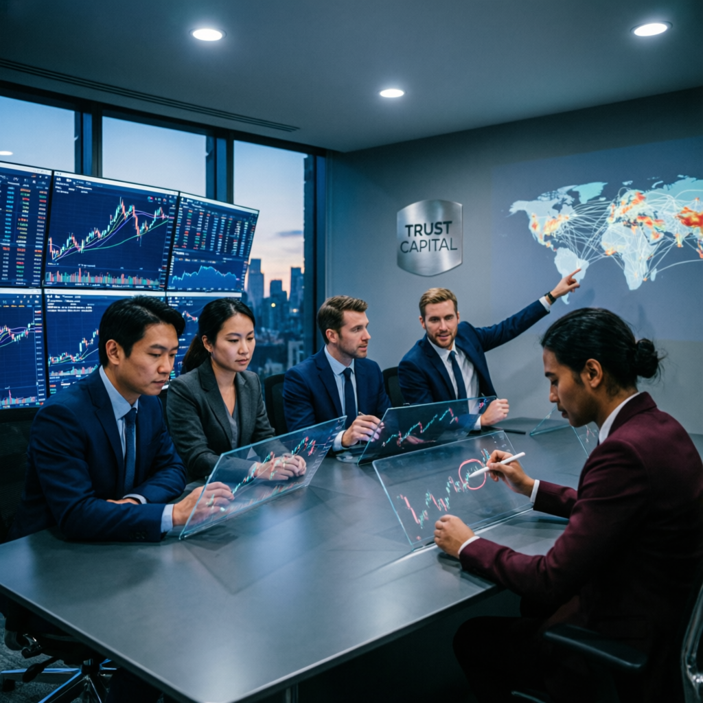 Professional forex trading team collaborating on risk management strategies