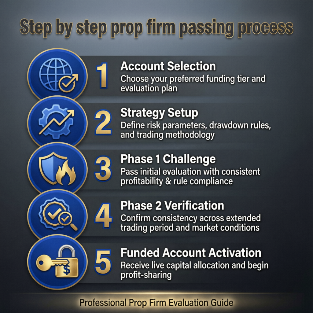 Step by step prop firm passing process infographic showing 5 phases from account selection to funded account activation