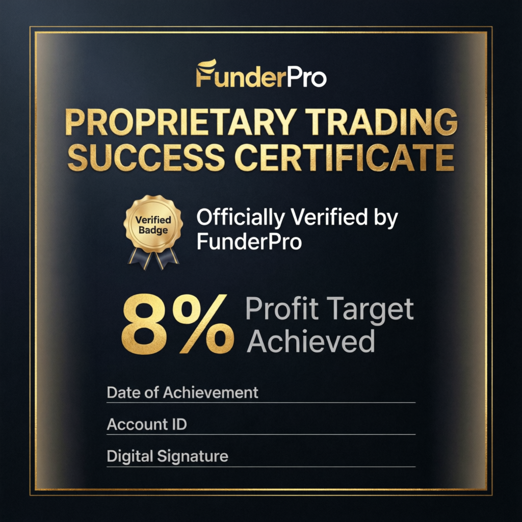 FunderPro Proprietary Trading Success Certificate - 8% Profit Target Achieved