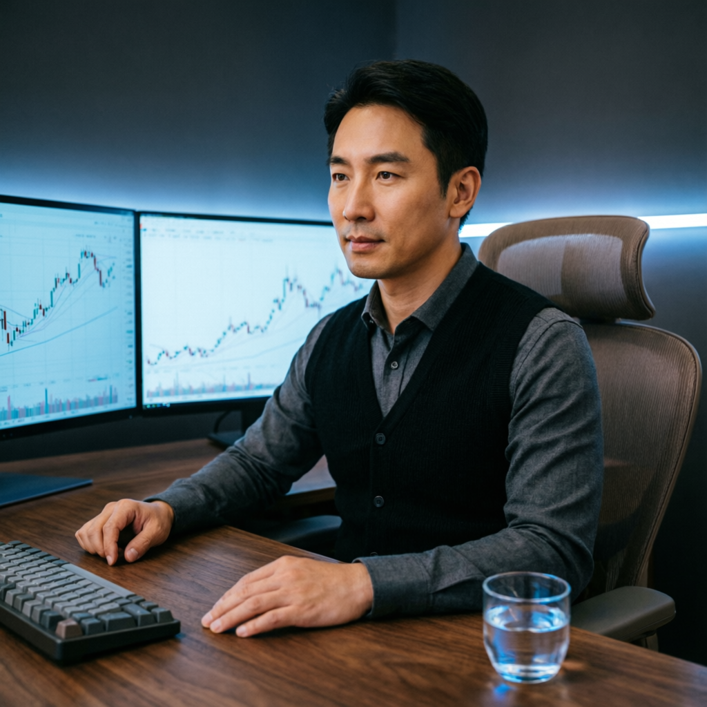 Professional forex trader demonstrating calm focus and discipline at trading desk
