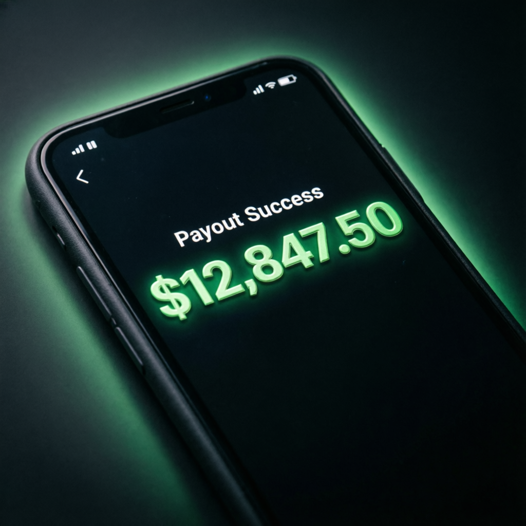 Topstep payout success notification showing $12,847.50 withdrawal