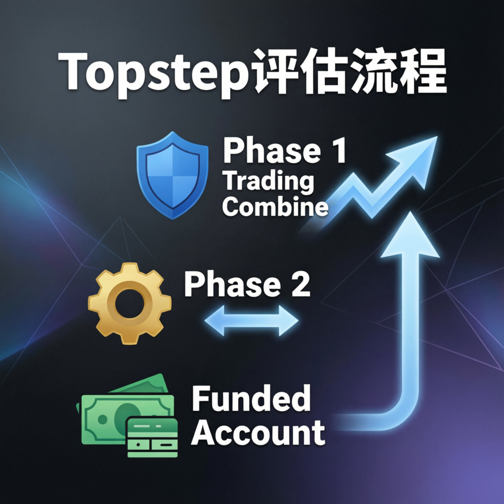 Topstep evaluation process phases diagram showing Trading Combine to Funded Account progression