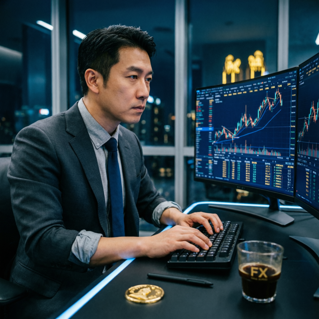Professional forex trader analyzing Topstep futures charts on multi-monitor setup