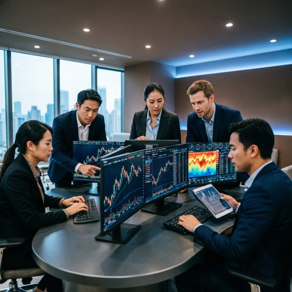 Professional trading team analyzing Topstep futures charts in modern office