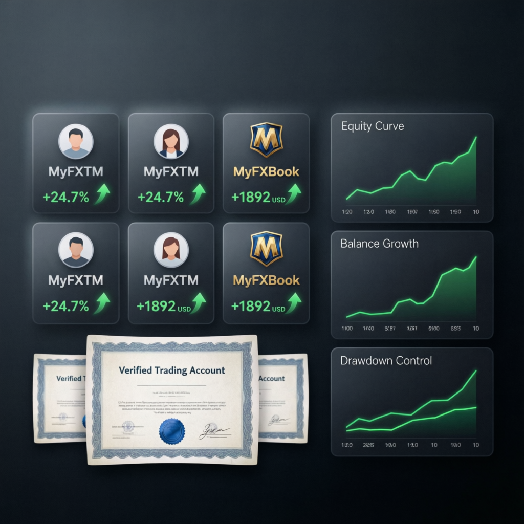 Verified trading account results showing profit growth charts, equity curves, and funded account certificates