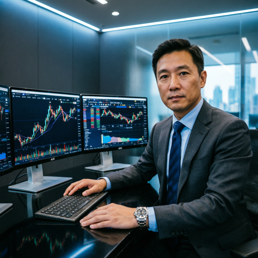 Professional trader managing funded Prime account with multiple trading monitors showing forex charts and prop firm trading platform