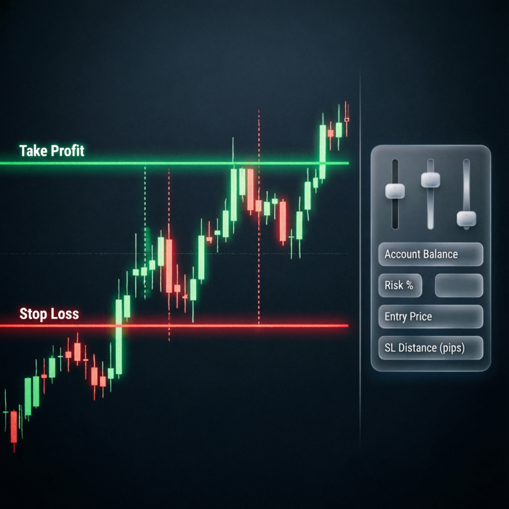 Risk management visualization showing stop loss and take profit levels on forex candlestick chart with position sizing calculator