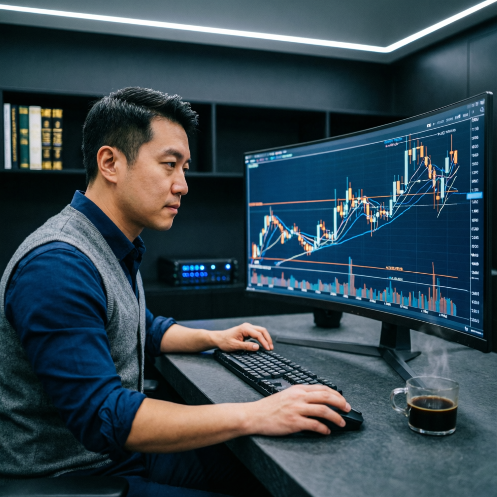 Professional forex trader analyzing multi-timeframe charts with technical analysis tools and fibonacci levels