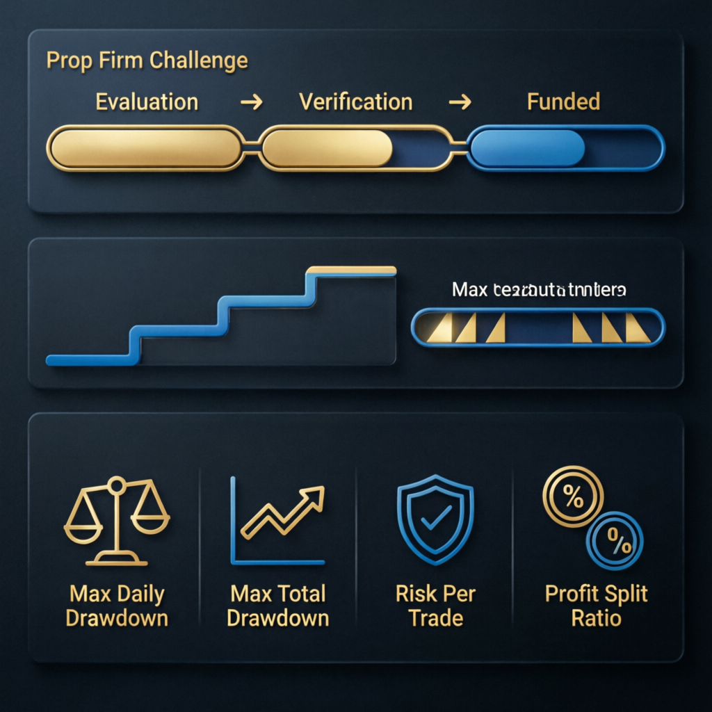 Funded Prime trading rules infographic showing evaluation phases, profit targets, drawdown limits, and risk management metrics
