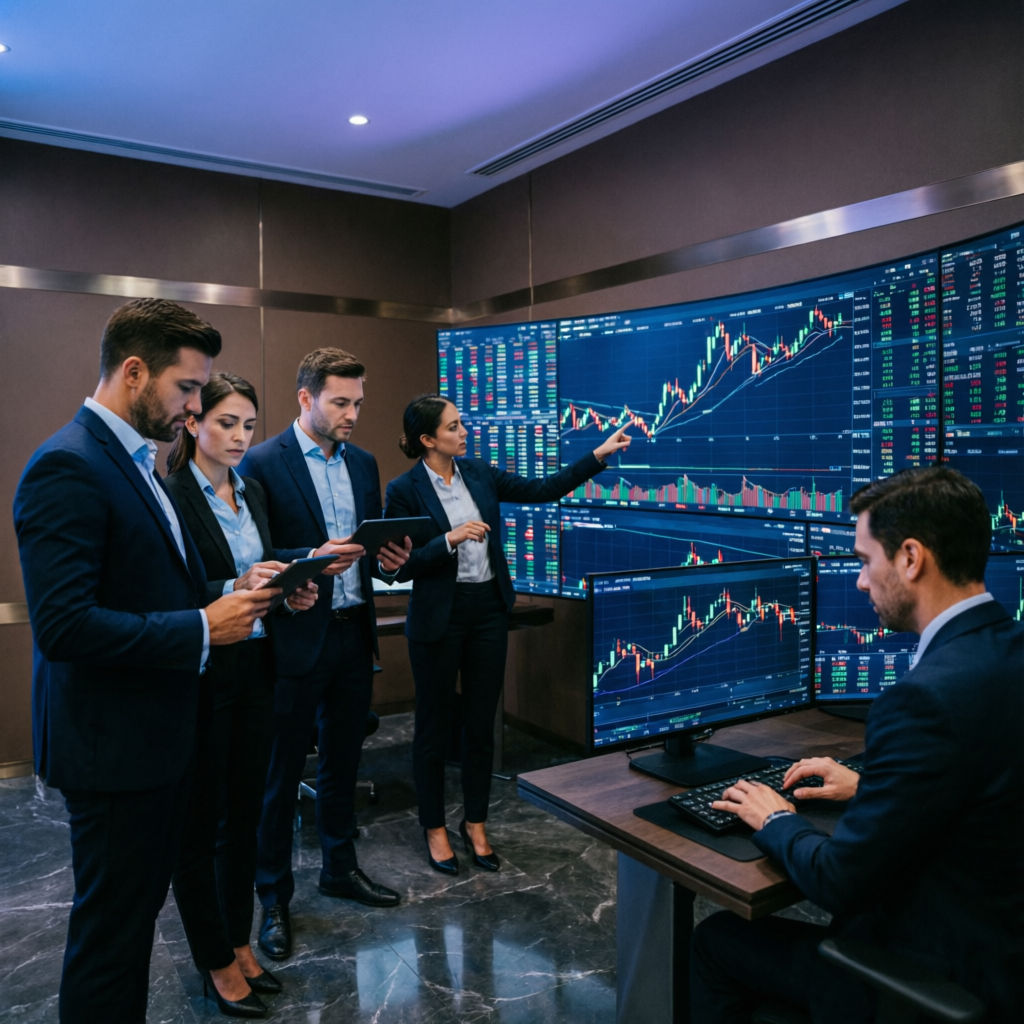 Professional trading team collaborating on forex market analysis with large display screens showing trading charts and data