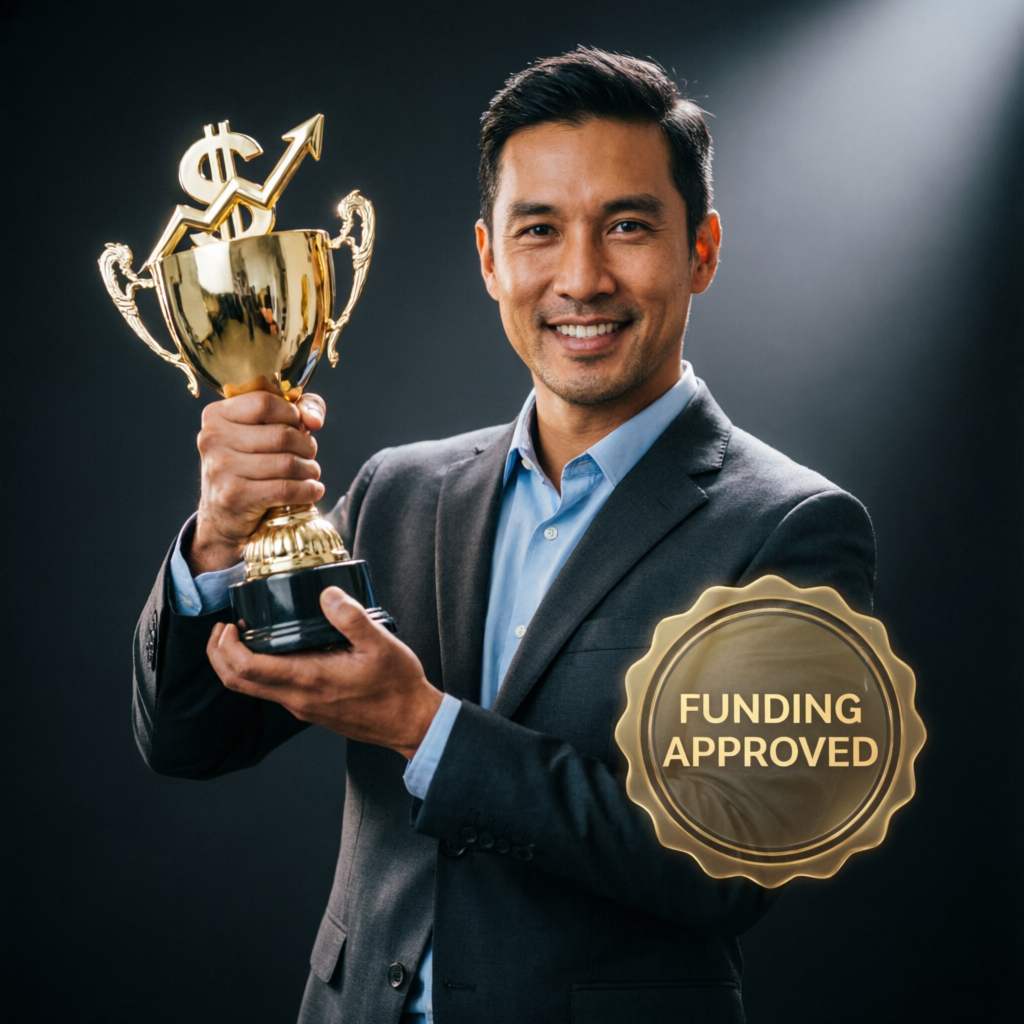 Successful trader celebrating funded account approval with trophy