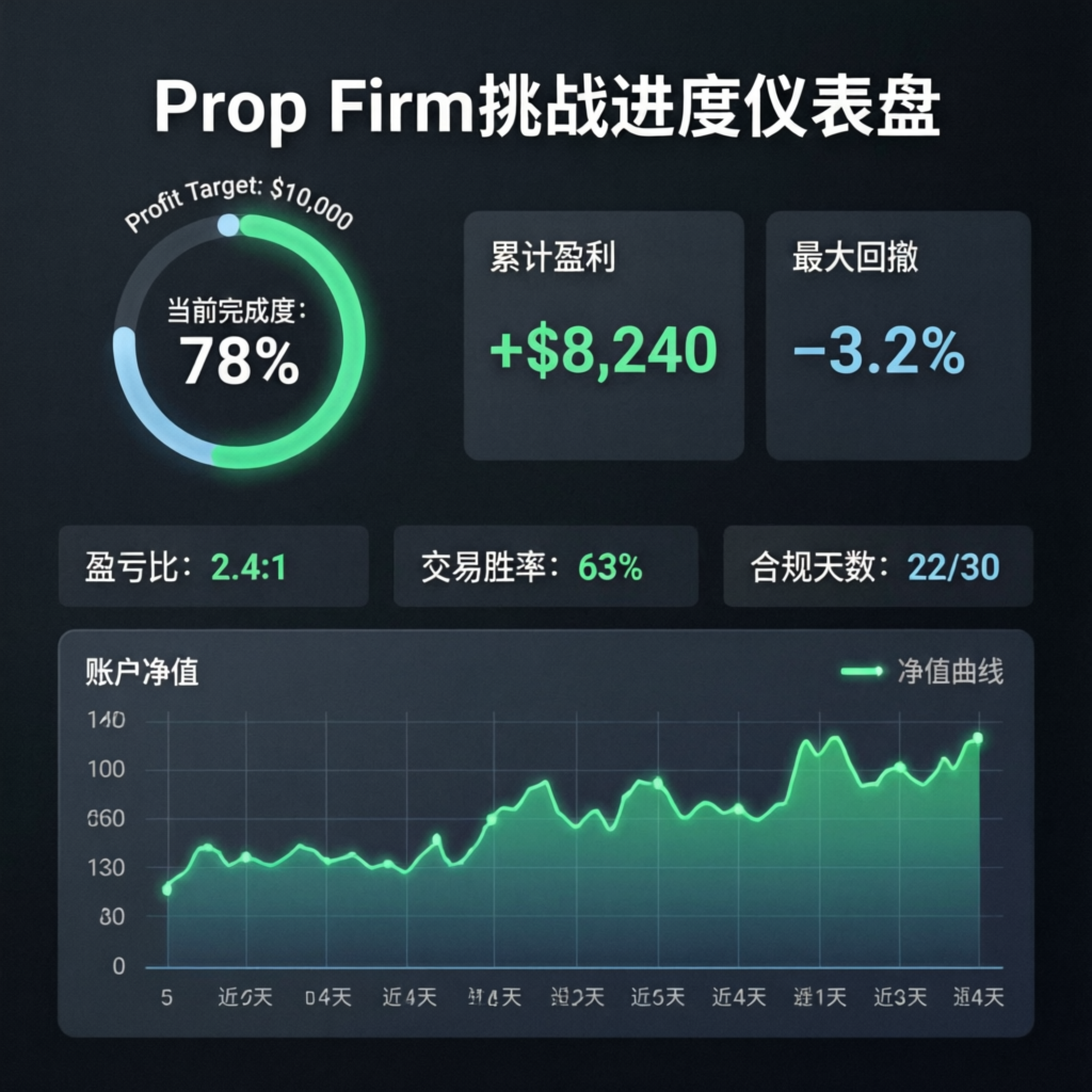 Prop firm challenge progress dashboard showing profit target and metrics