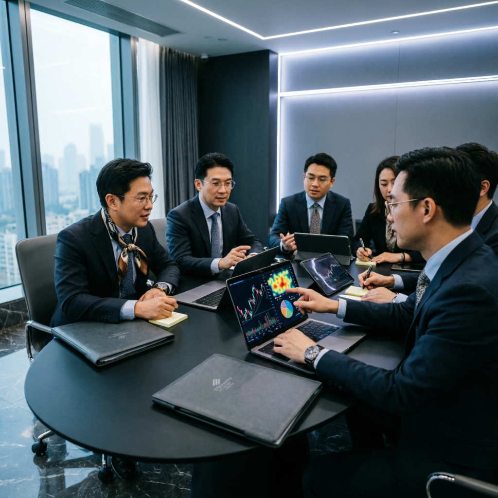 Professional financial team at PFM Capitals reviewing trading strategies