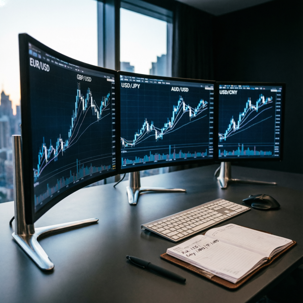 Professional trading desk with multiple monitors showing forex charts - PFM Capitals Prop Firm Services