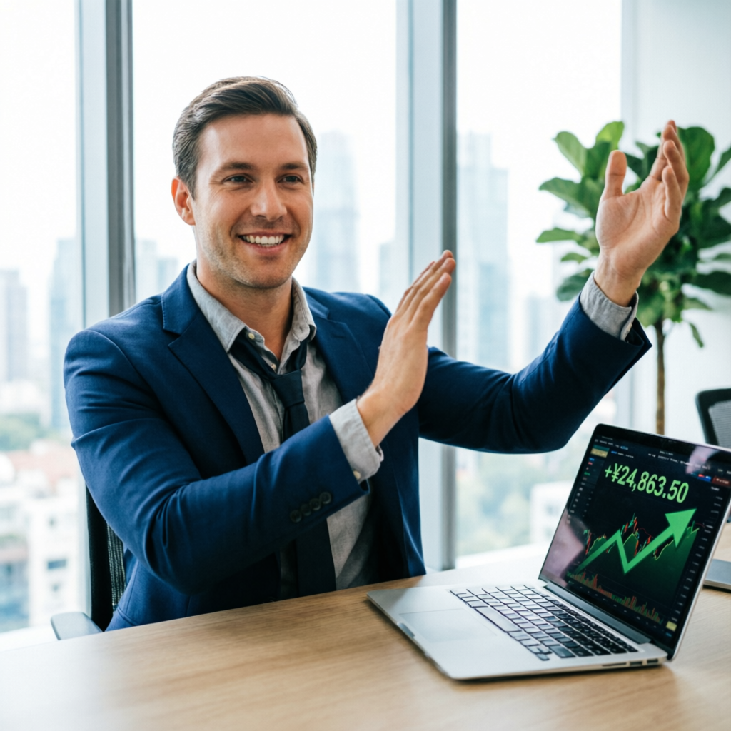 Professional funded trader celebrating success with laptop showing profitable trading results and upward green chart