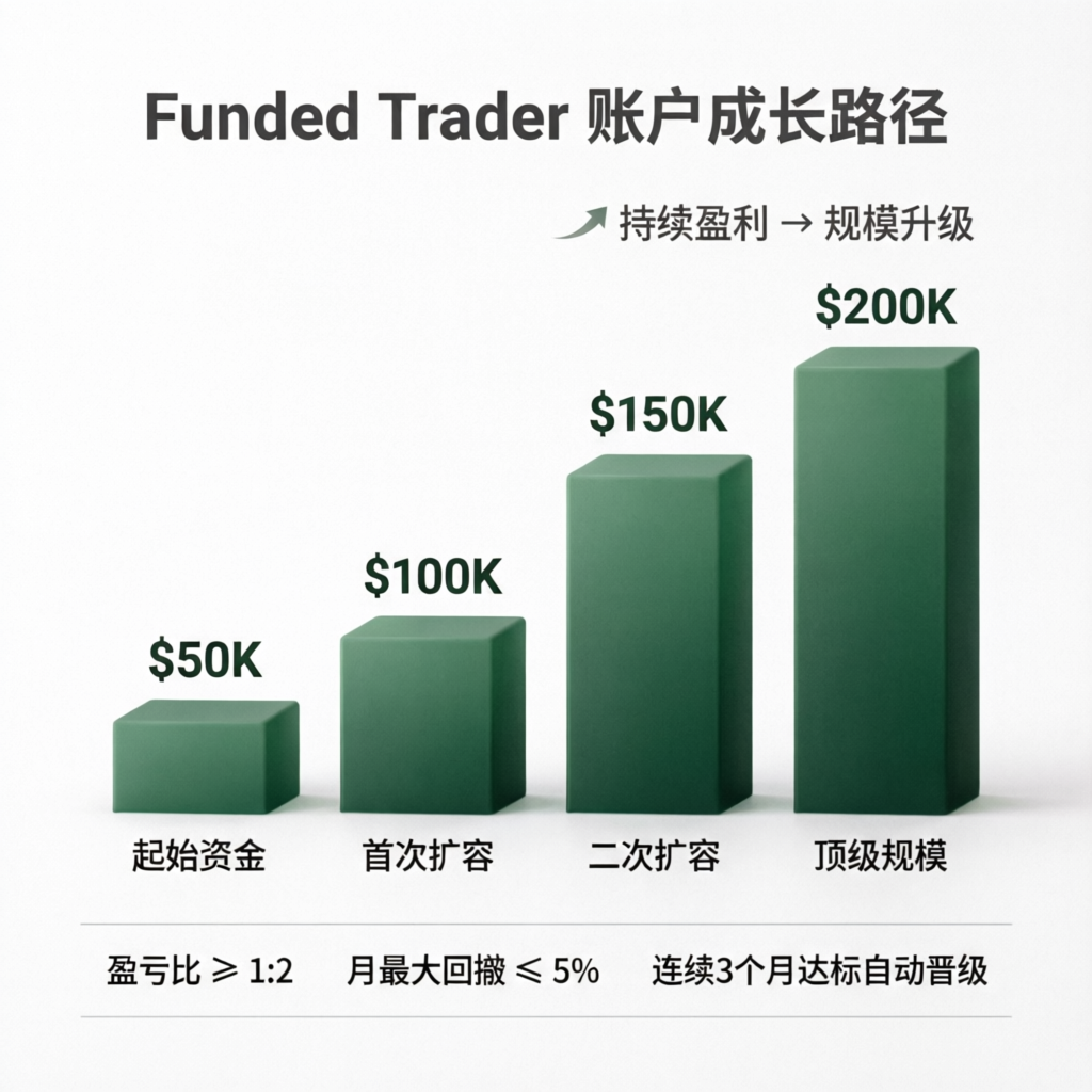 Funded trader account growth path showing $50K to $200K scaling with profit targets