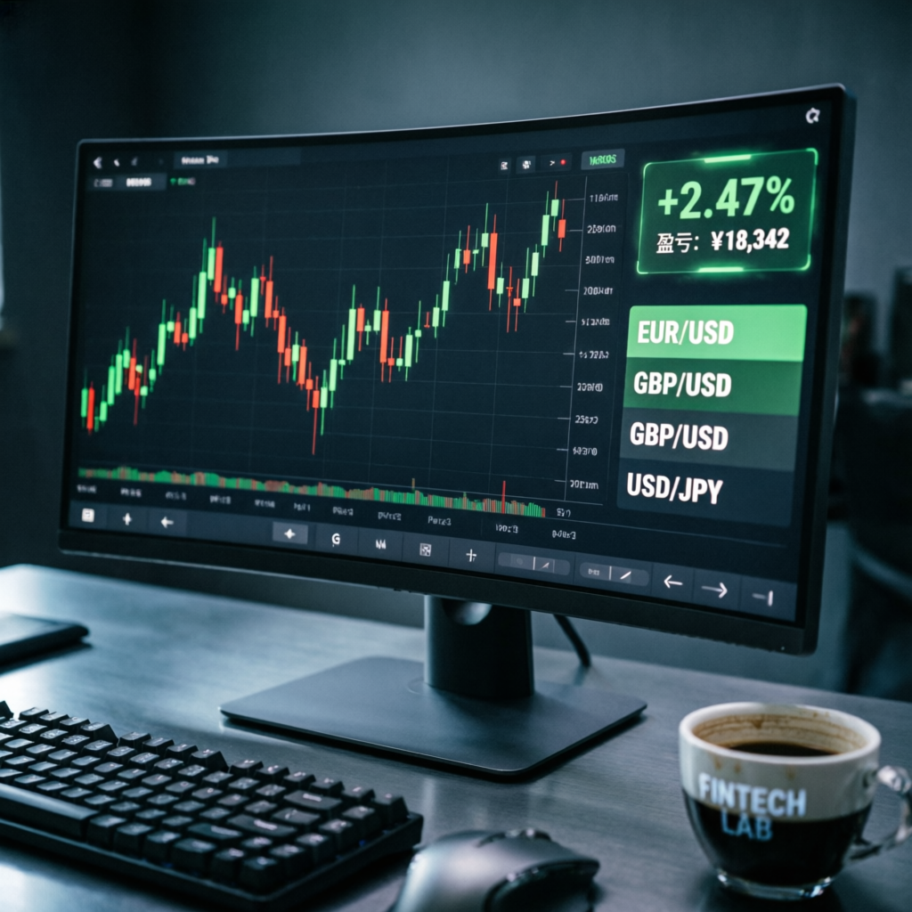 Modern fintech trading dashboard with forex charts showing EUR/USD and GBP/USD currency pairs