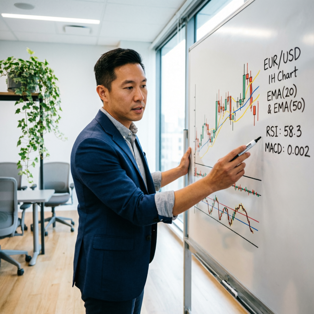 Professional forex trading mentor explaining EUR/USD chart strategy with EMA and RSI indicators on whiteboard