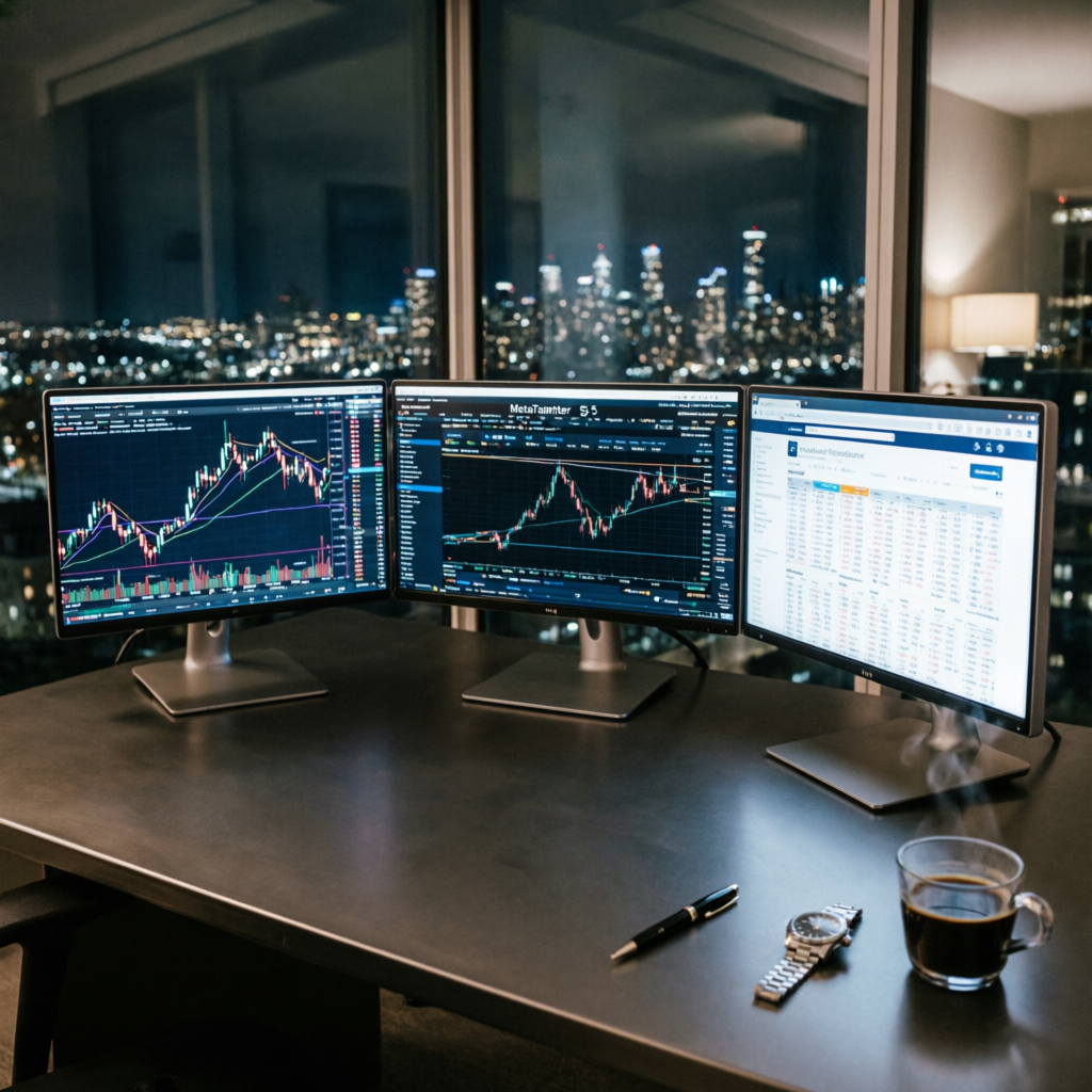 Multi-monitor trading desk setup with forex charts on MetaTrader 5 and economic calendar at night